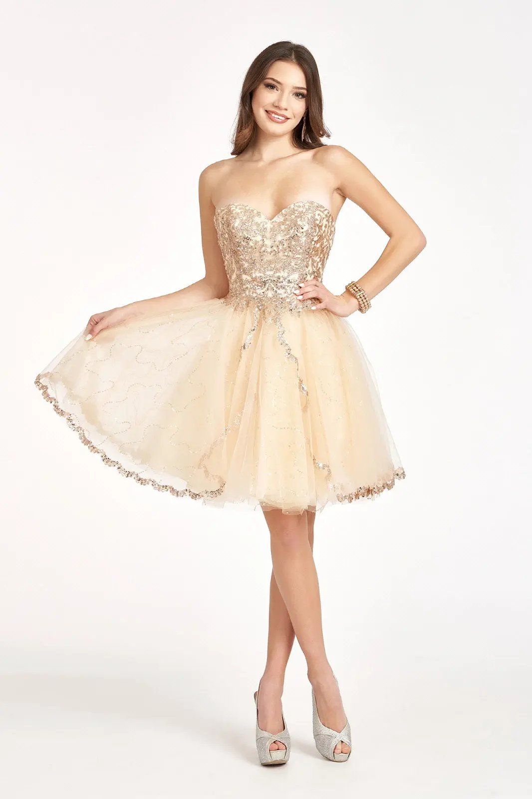 Glitter and Sequin Embellished Bodice Sweetheart Mesh Homecoming Dress by Tux-USA