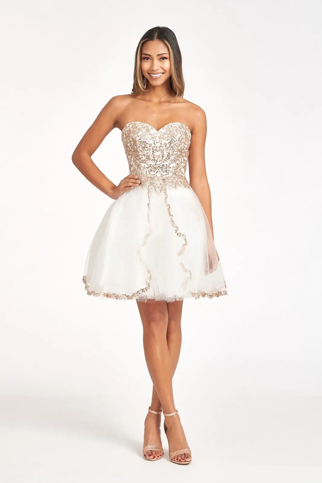Glitter and Sequin Embellished Bodice Sweetheart Mesh Homecoming Dress by Tux-USA