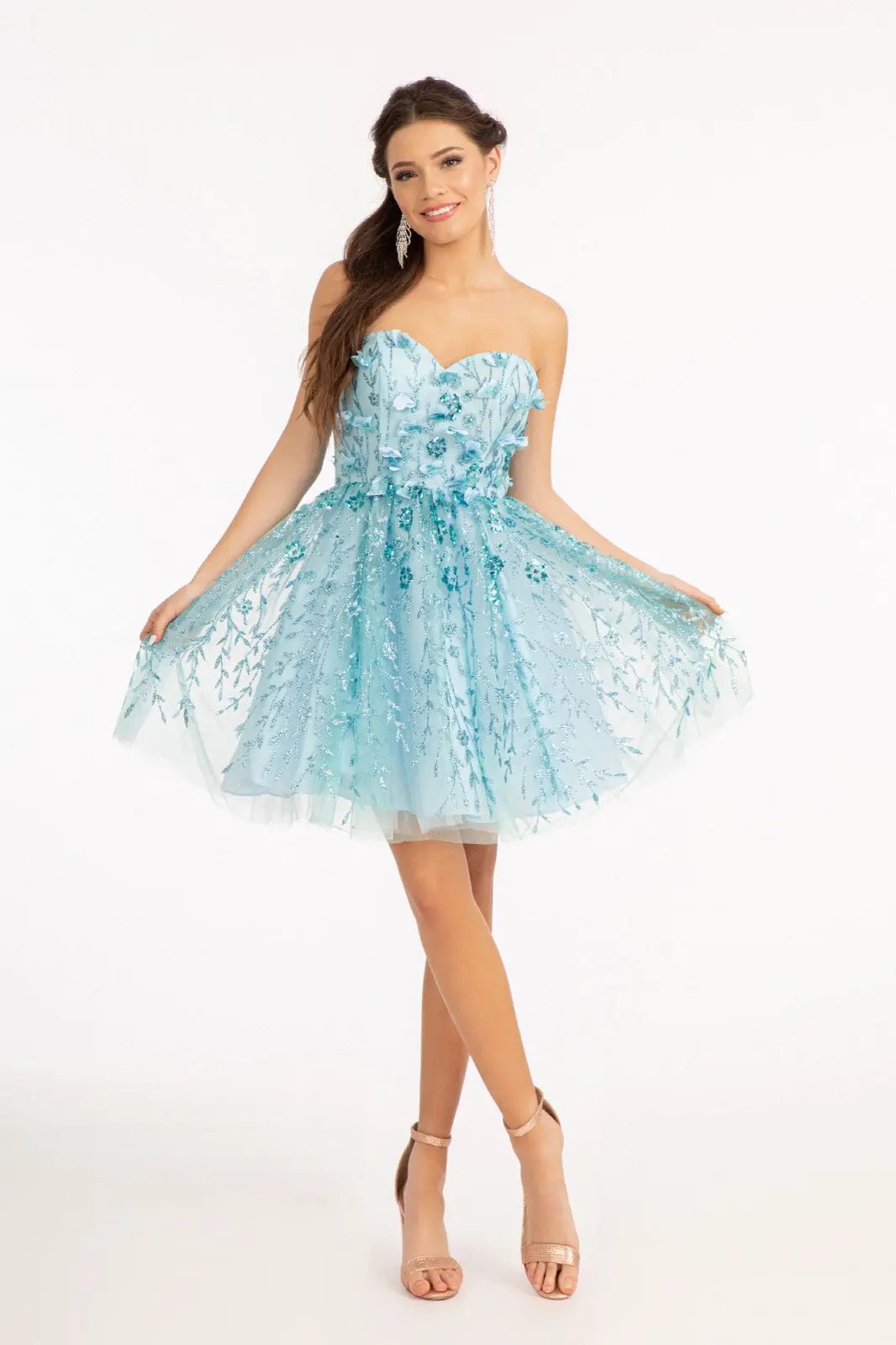 3D Floral Applique Embellished Glitter Mesh Sweetheart Short Dress by Tux-USA