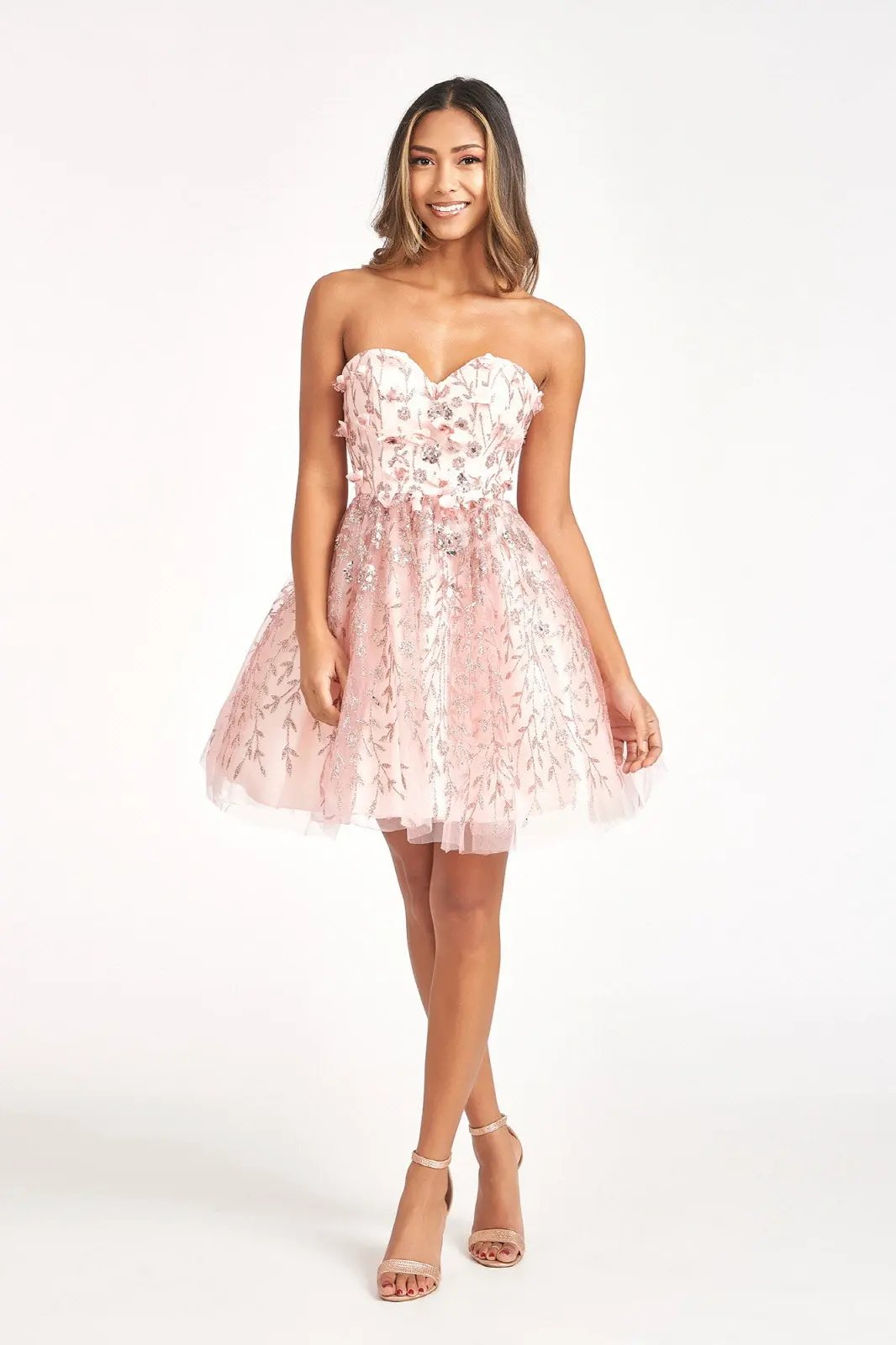 3D Floral Applique Embellished Glitter Mesh Sweetheart Short Dress by Tux-USA