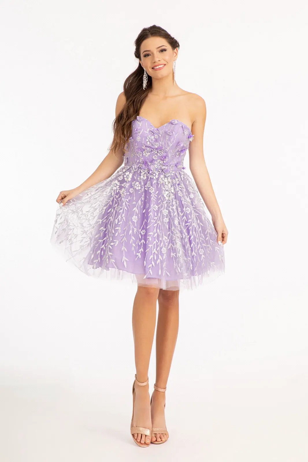 3D Floral Applique Embellished Glitter Mesh Sweetheart Short Dress by Tux-USA