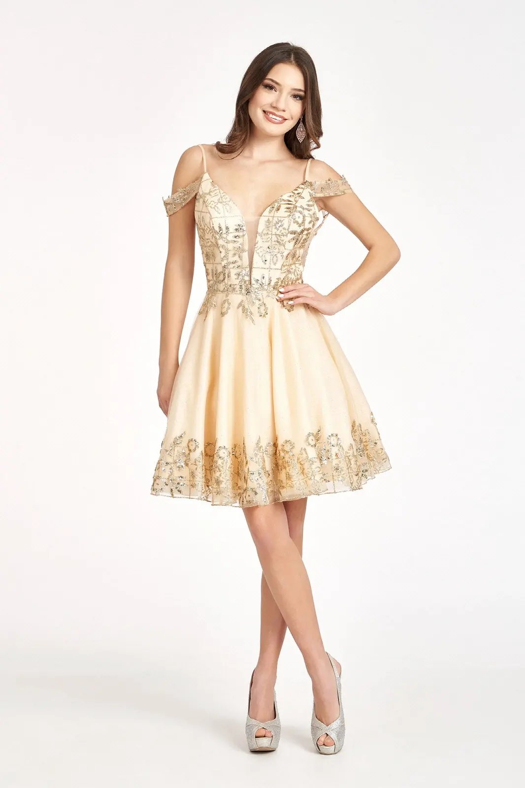 Glitter Embellished V-Neck Mesh Homecoming Dress by Tux-USA