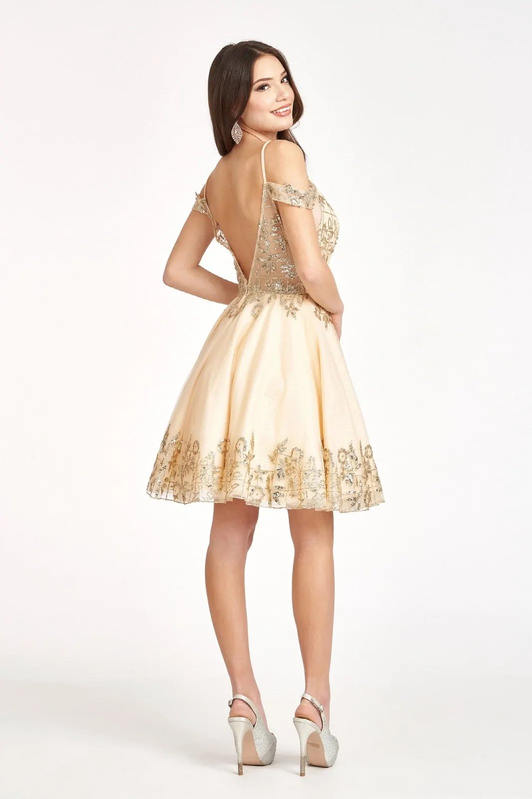 Glitter Embellished V-Neck Mesh Homecoming Dress by Tux-USA