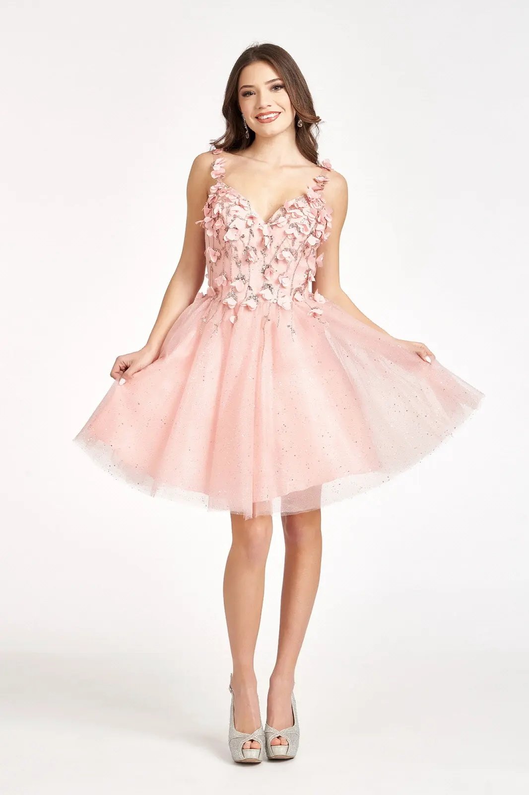 Sequin Floral Applique V-Back Glitter Mesh Homecoming Dress w/ Sweetheart Neckline by Tux-USA