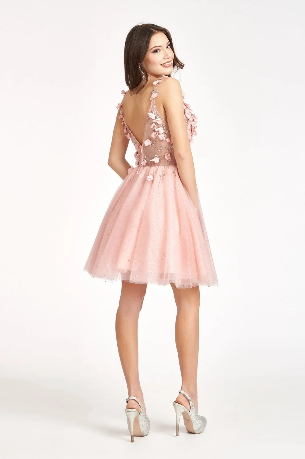 Sequin Floral Applique V-Back Glitter Mesh Homecoming Dress w/ Sweetheart Neckline by Tux-USA