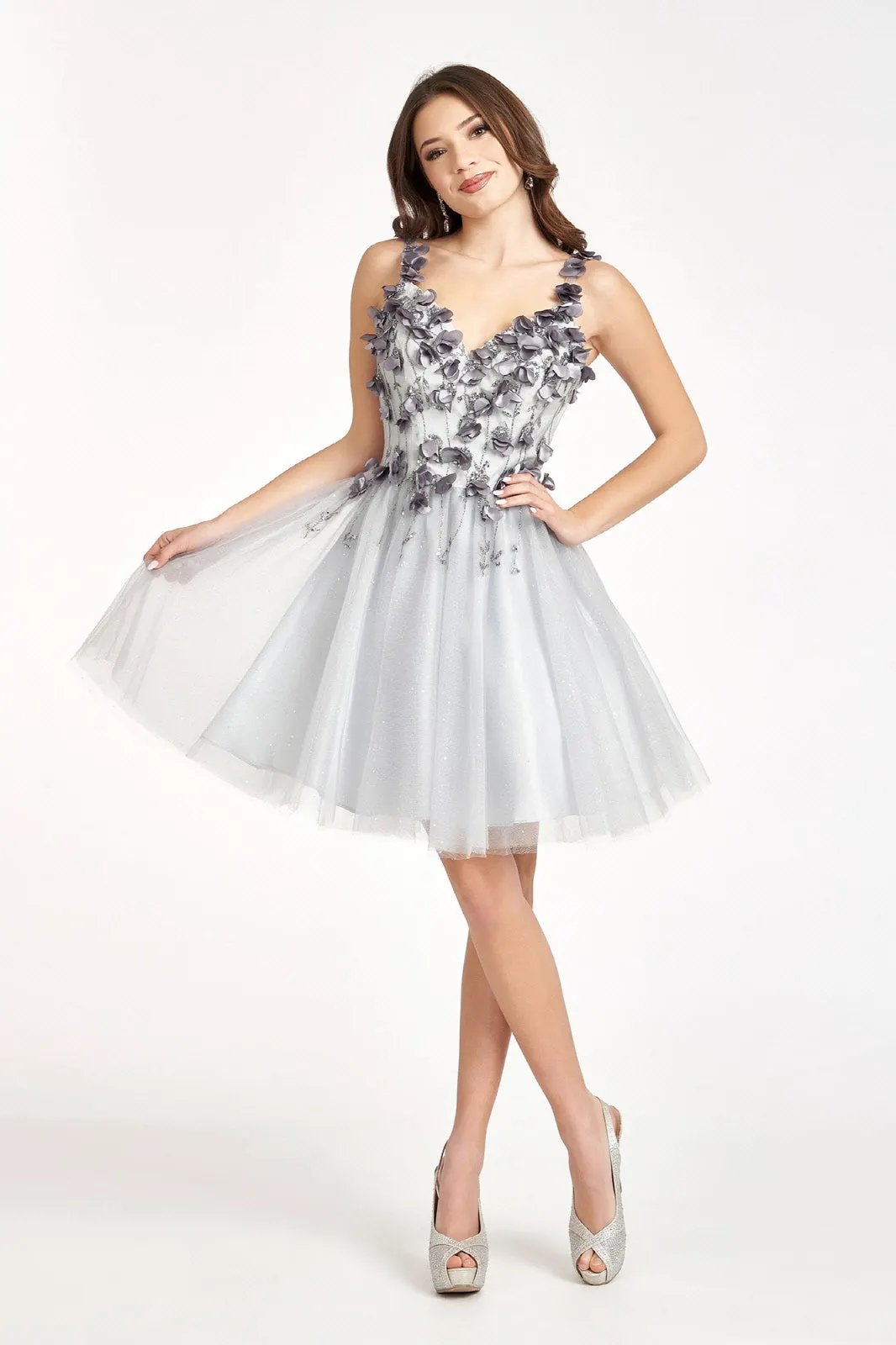 Sequin Floral Applique V-Back Glitter Mesh Homecoming Dress w/ Sweetheart Neckline by Tux-USA