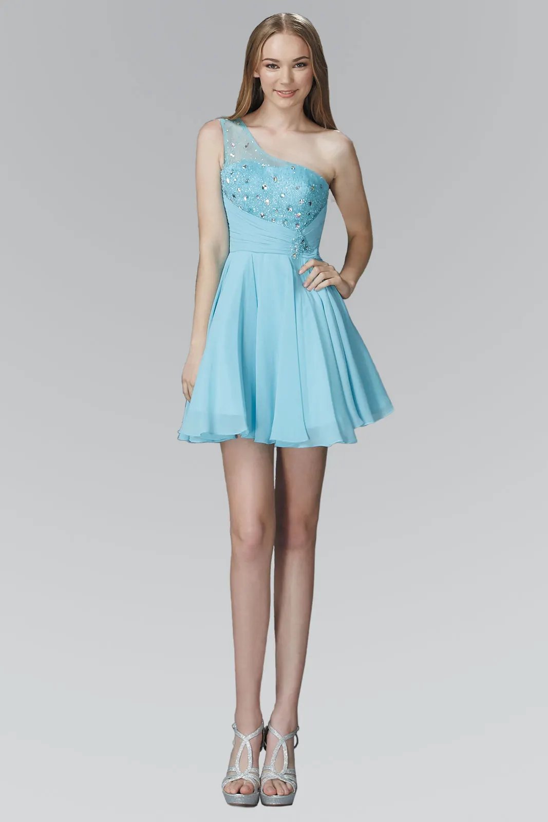 One Shoulder Chiffon Short Dress with Bead Detailing by Tux-USA