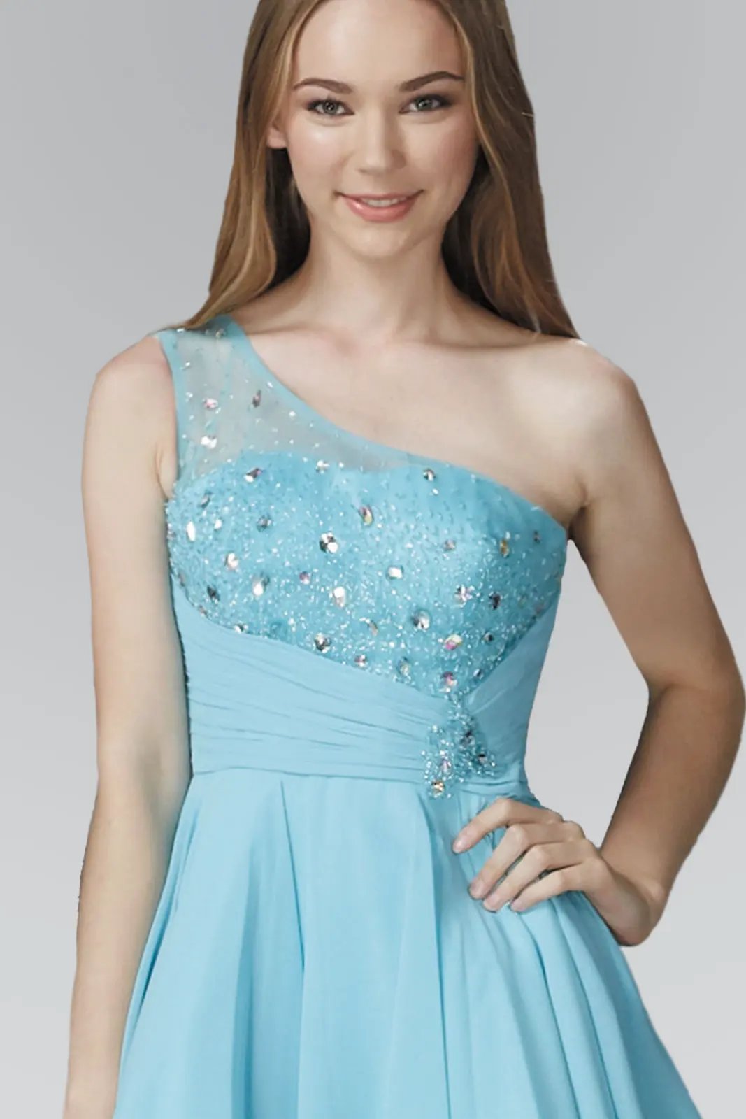One Shoulder Chiffon Short Dress with Bead Detailing by Tux-USA
