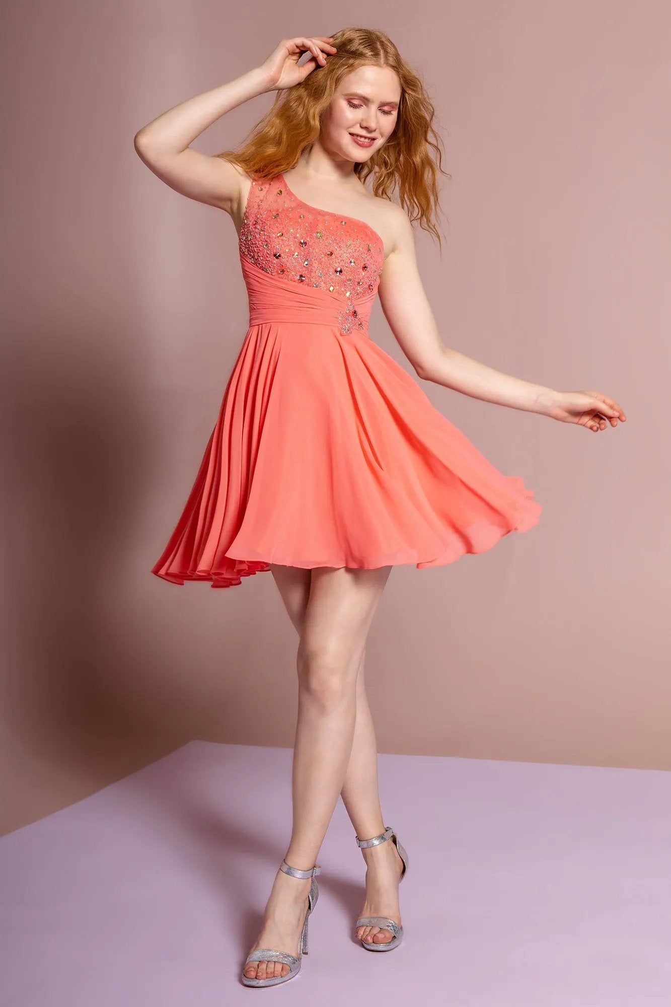 One Shoulder Chiffon Short Dress with Bead Detailing by Tux-USA