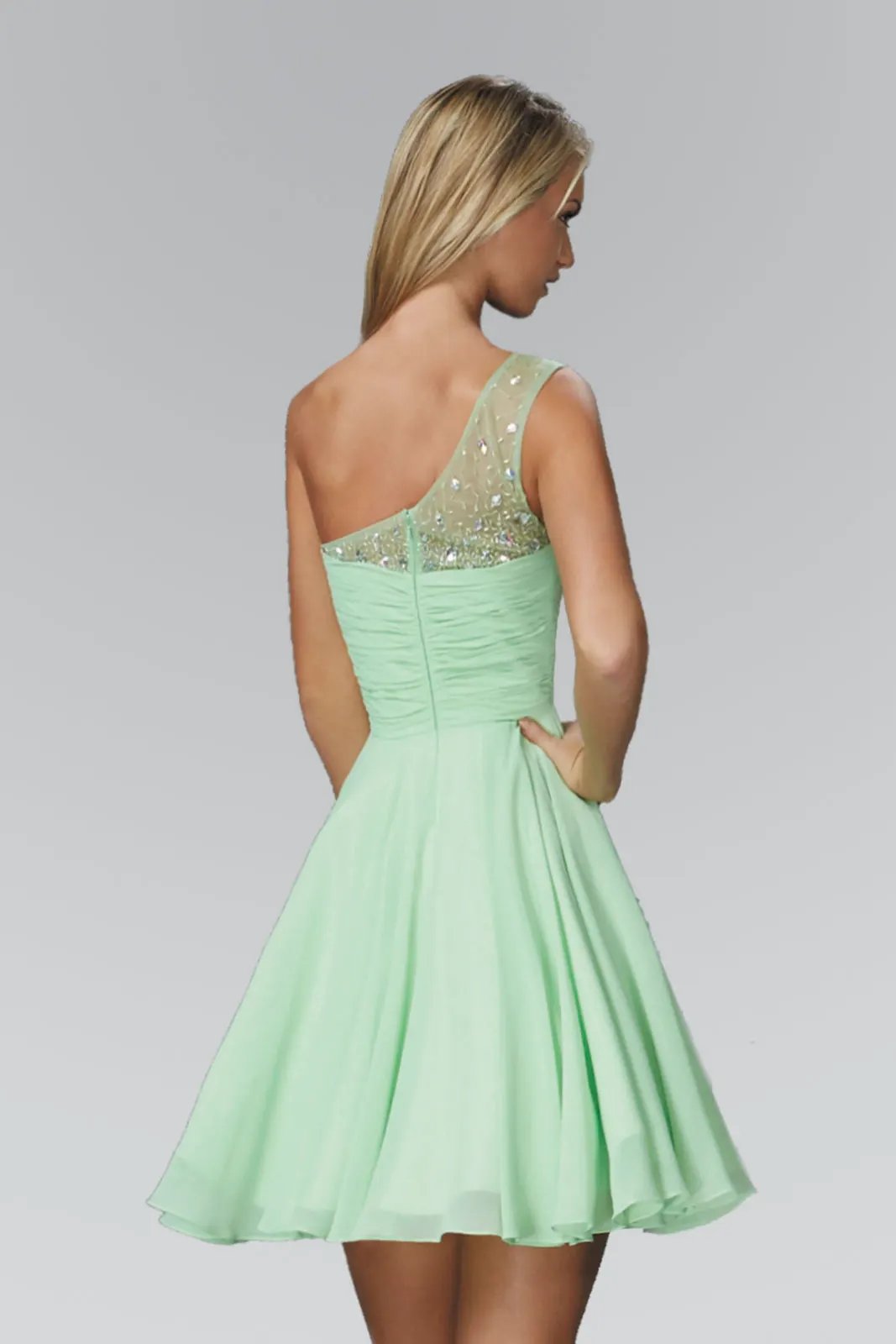 One Shoulder Chiffon Short Dress with Bead Detailing by Tux-USA