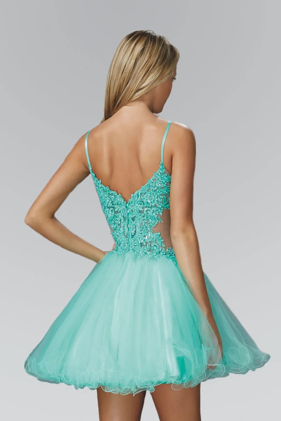 Spaghetti Straps Short Tulle Dress with Lace Bodice by Tux-USA