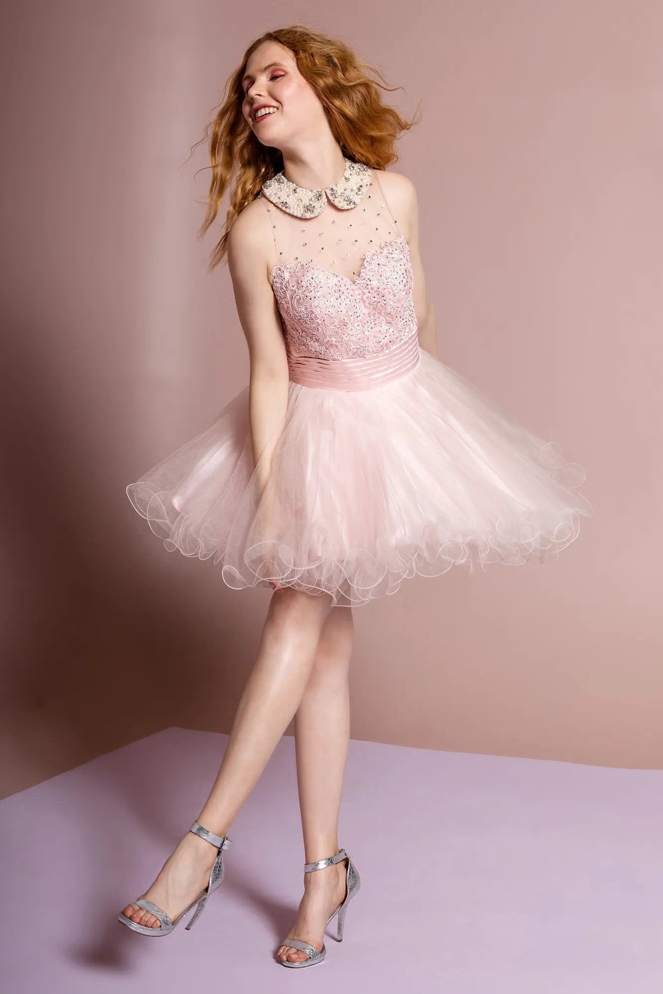 Embroidered Tulle Short Dress with Beaded Collar and Illusion Sweetheart Neckline by Tux-USA