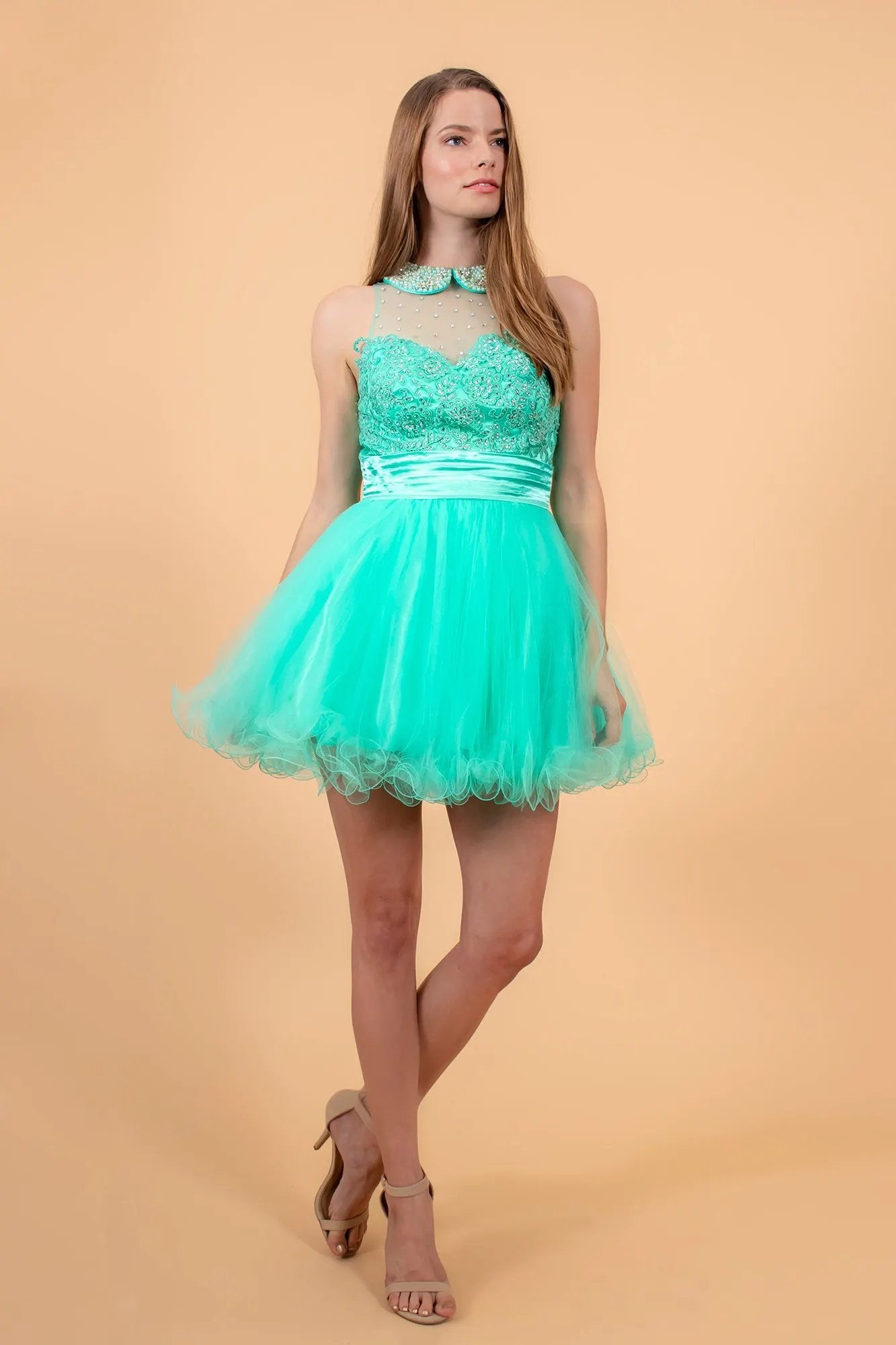 Embroidered Tulle Short Dress with Beaded Collar and Illusion Sweetheart Neckline by Tux-USA