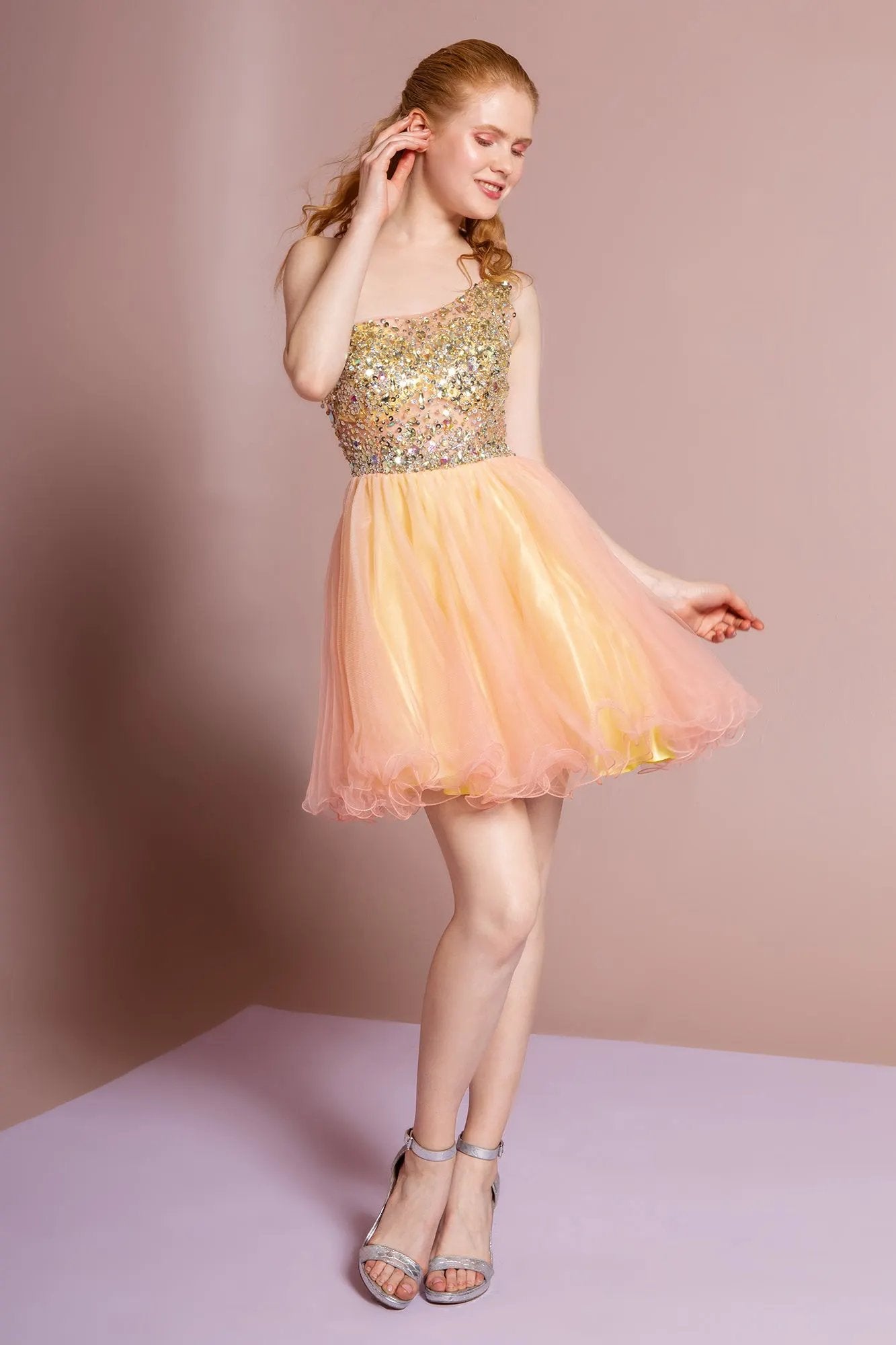 One Shoulder Rolled Hem Short Dress with Jewel Embellished Bodice by Tux-USA