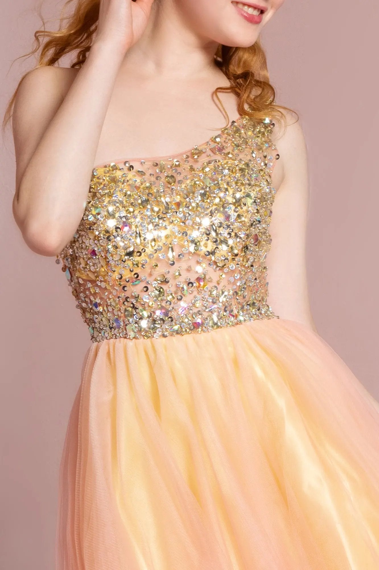 One Shoulder Rolled Hem Short Dress with Jewel Embellished Bodice by Tux-USA