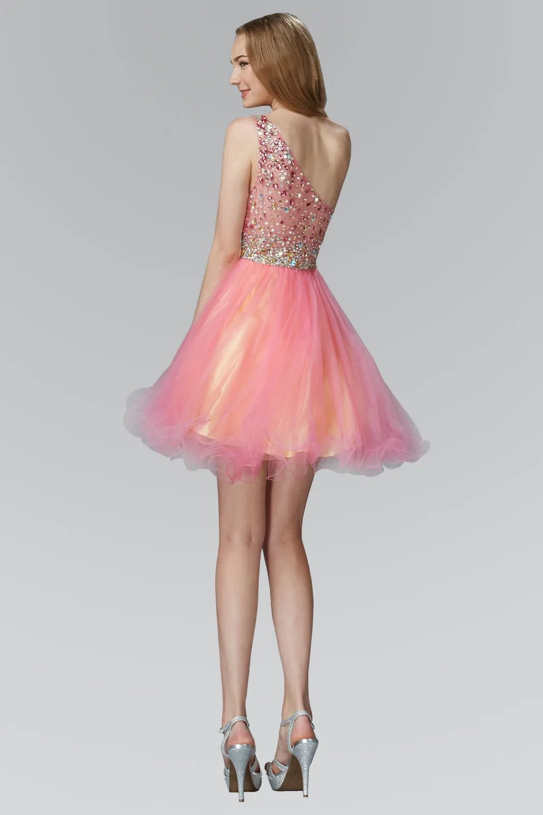 One Shoulder Rolled Hem Short Dress with Jewel Embellished Bodice by Tux-USA