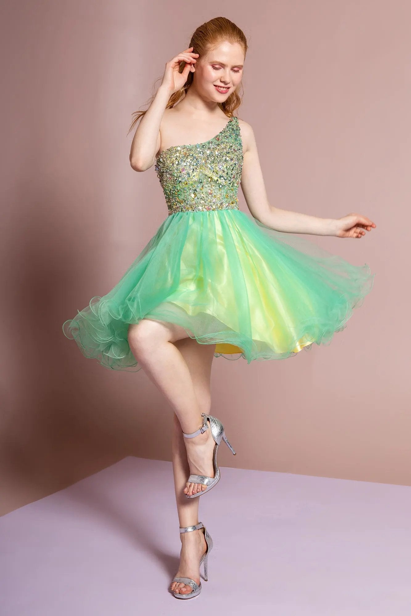 One Shoulder Rolled Hem Short Dress with Jewel Embellished Bodice by Tux-USA