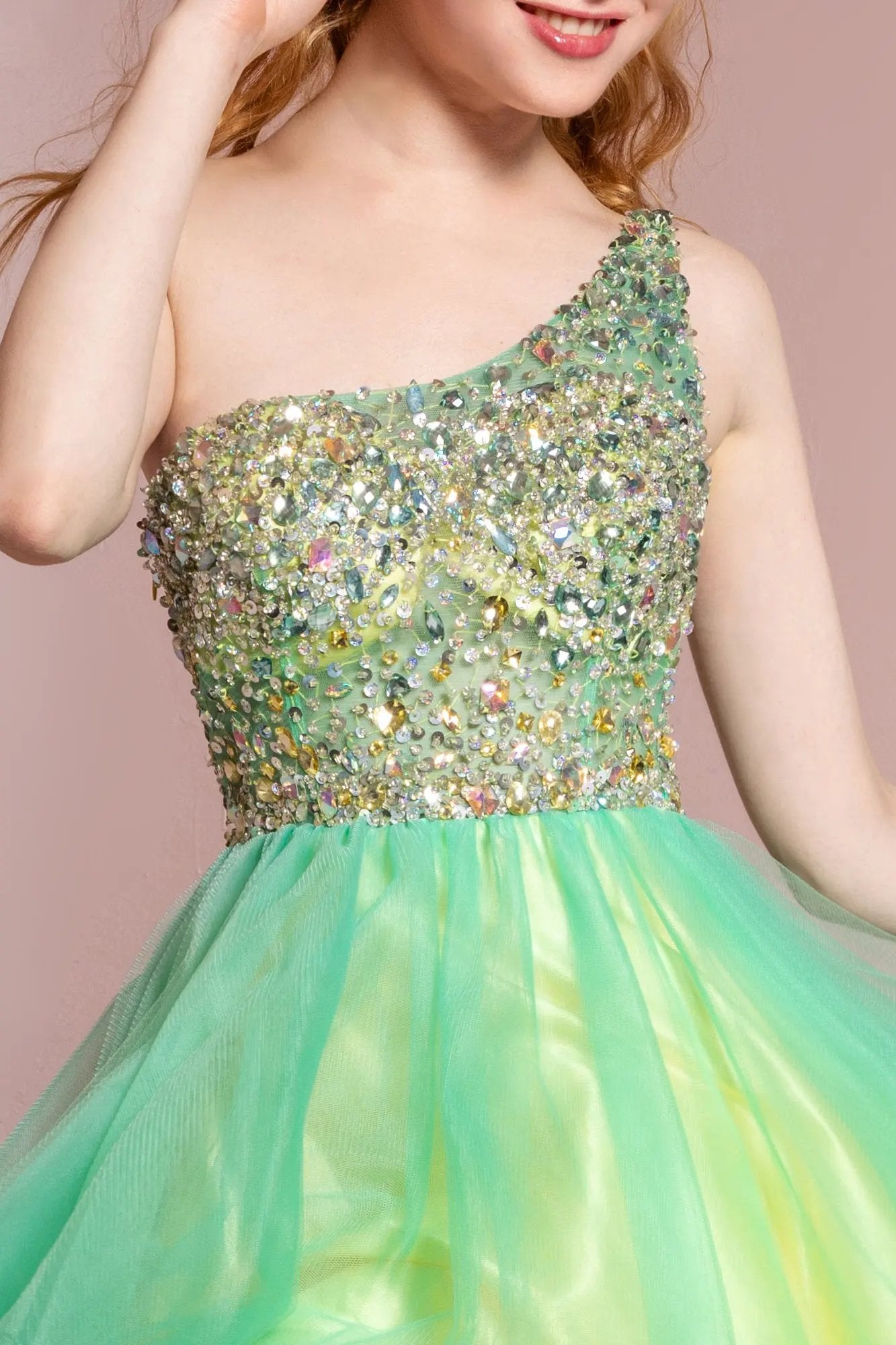 One Shoulder Rolled Hem Short Dress with Jewel Embellished Bodice by Tux-USA