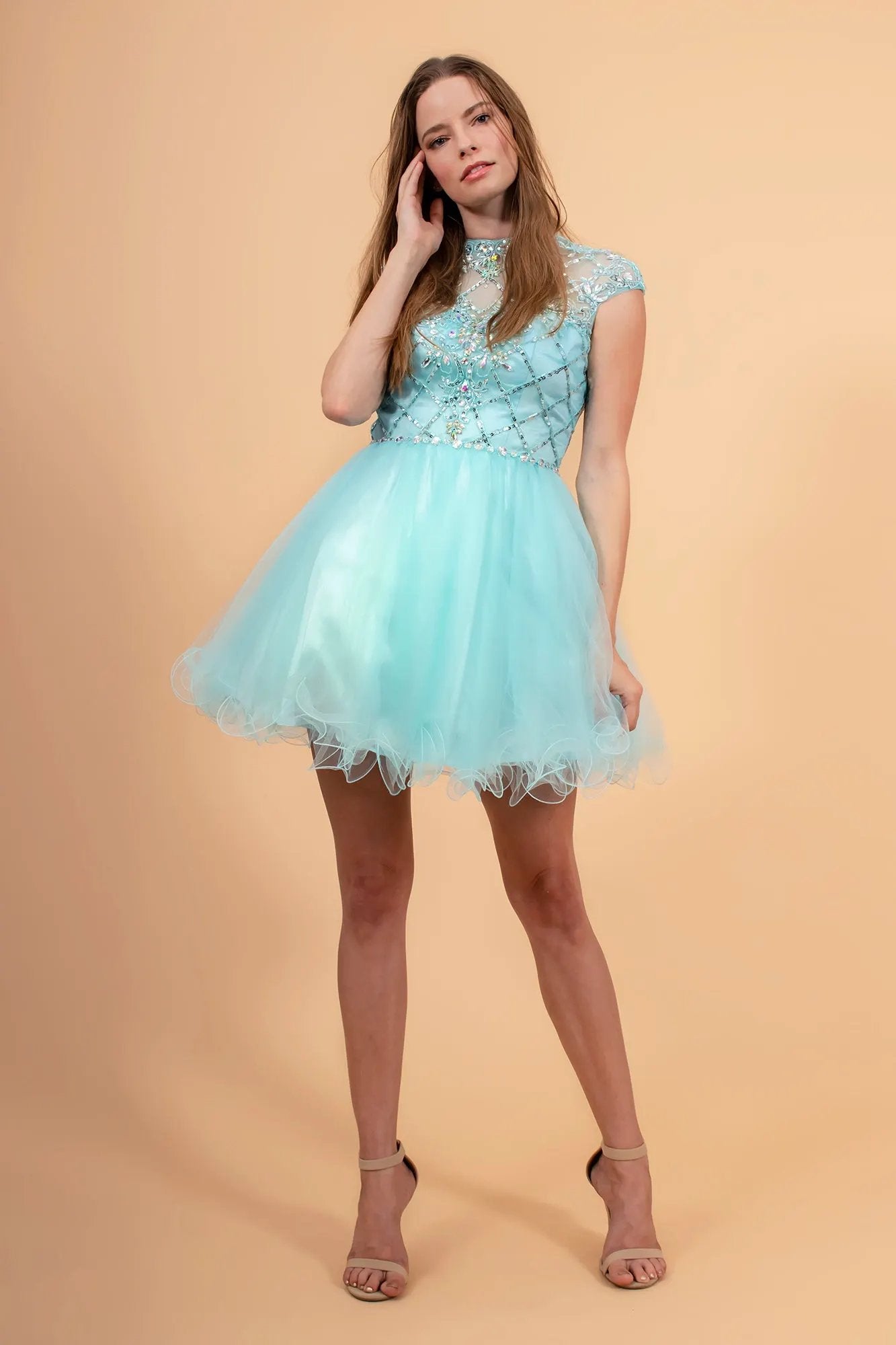 High Illusion Neck Cap Sleeve Short Dress by Tux-USA