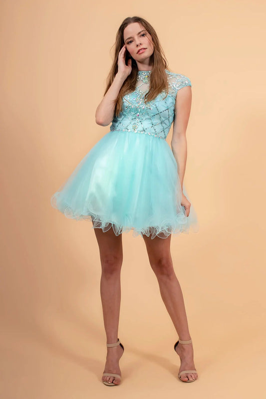 High Illusion Neck Cap Sleeve Short Dress by Tux-USA