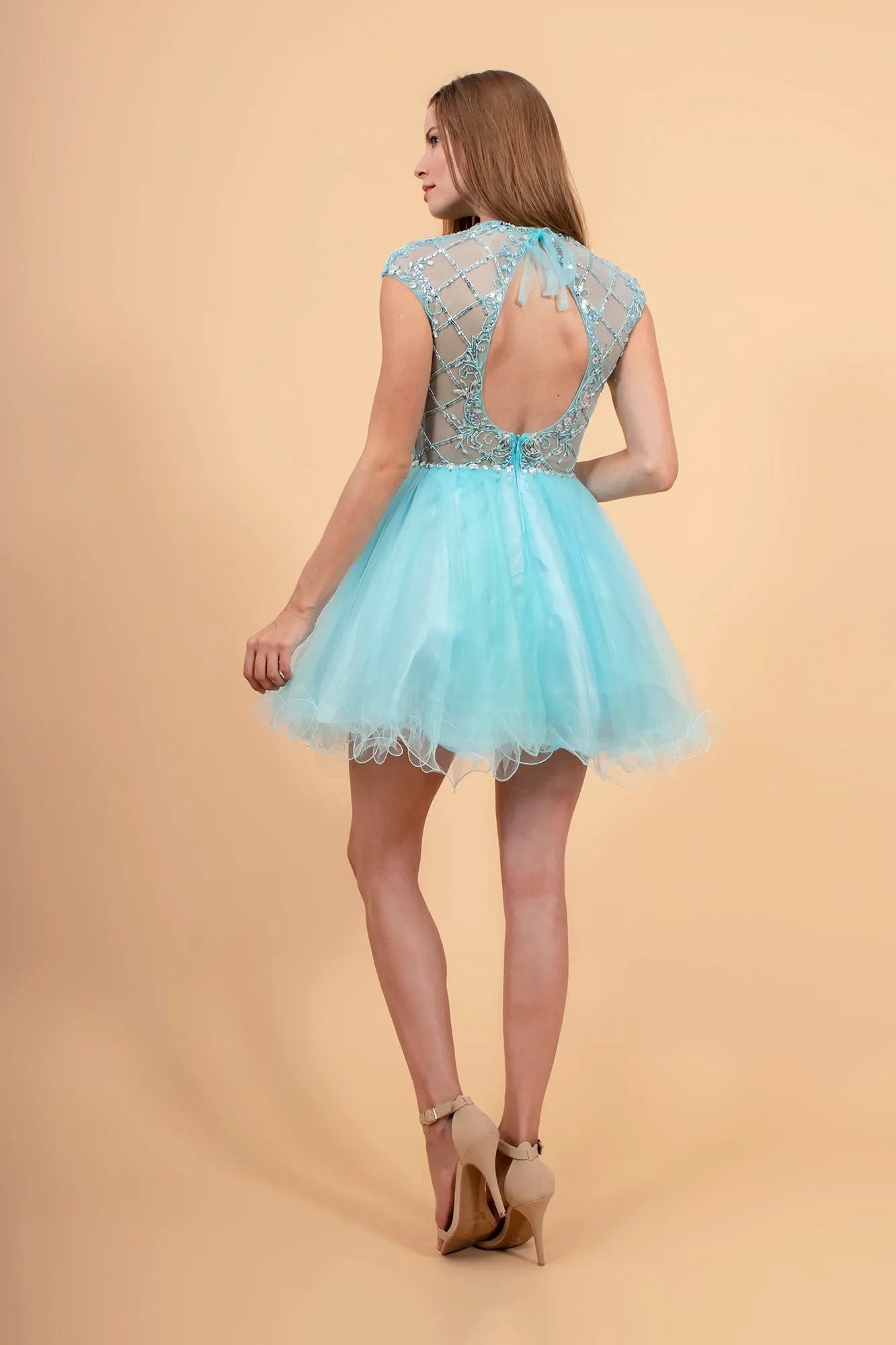 High Illusion Neck Cap Sleeve Short Dress by Tux-USA