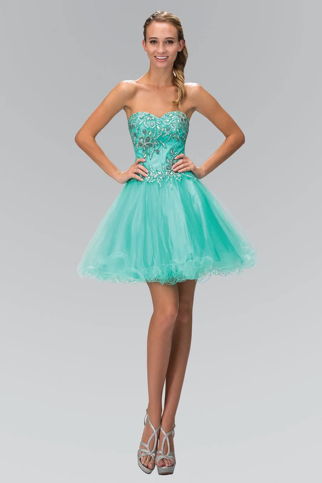 Strapless Sweetheart Tulle Short Dress with Jewel Embellished Bodice and Corset Back Detailing by Tux-USA