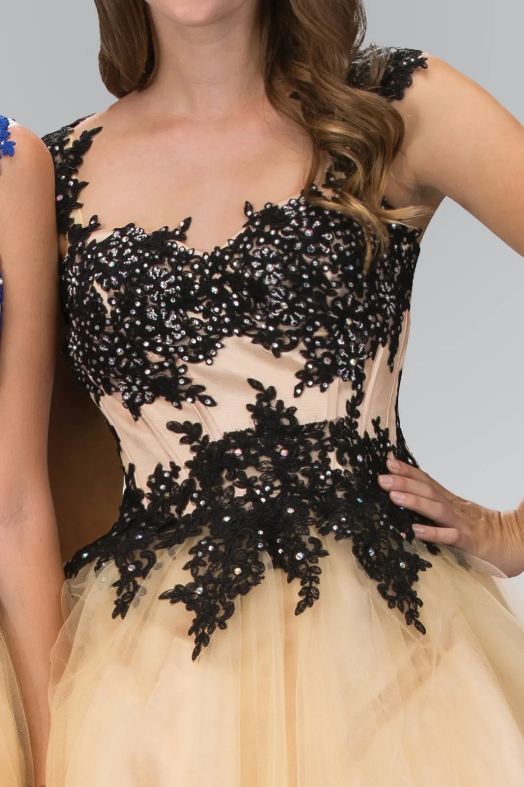 Dress Rolled Hem Tulle Floral Lace Bodice Open Back Color Variants by Tux-USA