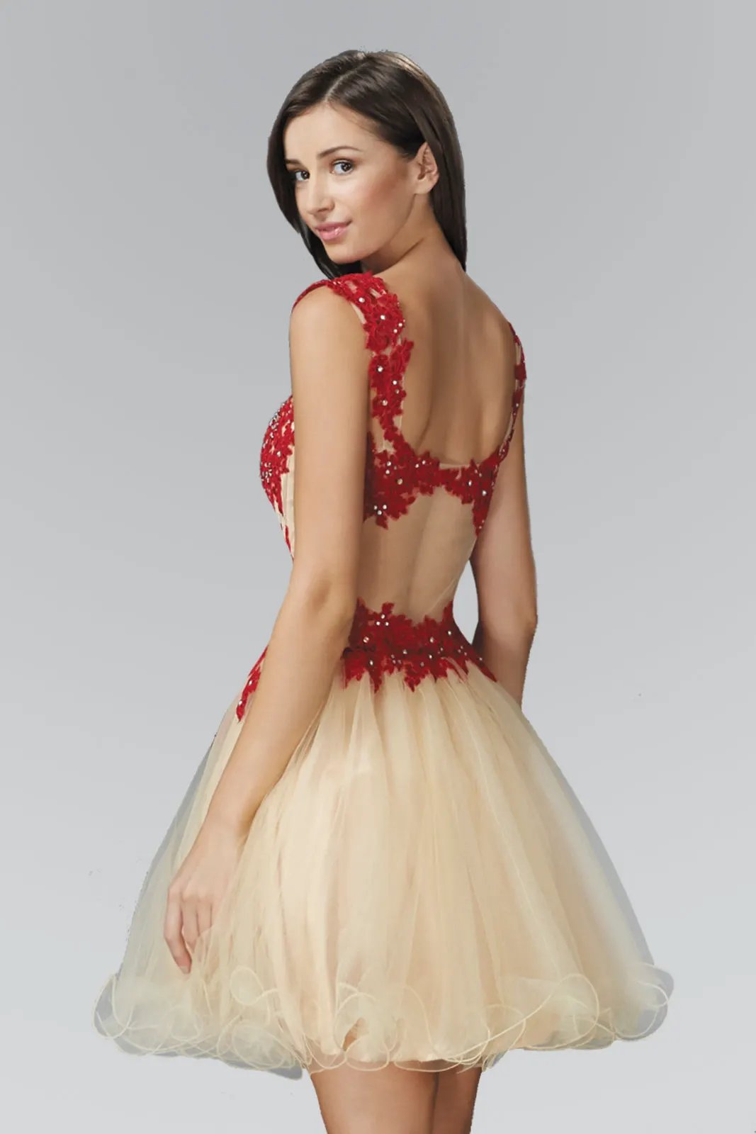 Dress Rolled Hem Tulle Floral Lace Bodice Open Back Color Variants by Tux-USA