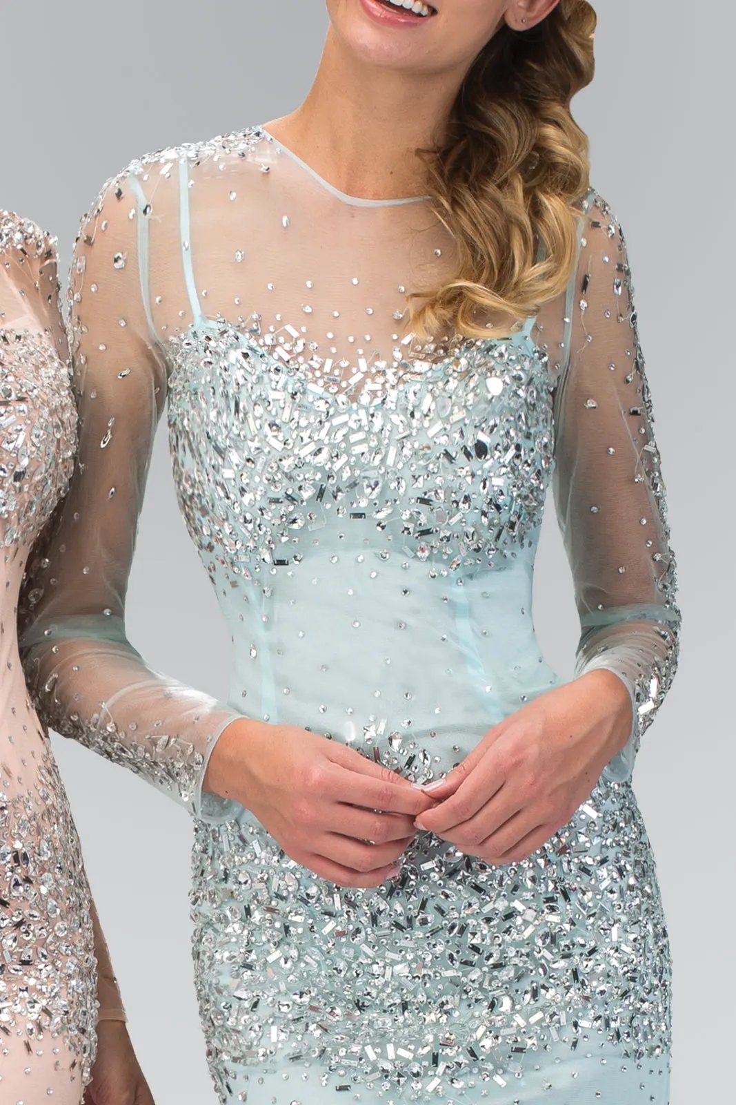 Sheer Long Sleeve Bodycon Short Dress Accented with Jewel and Sequin by Tux-USA