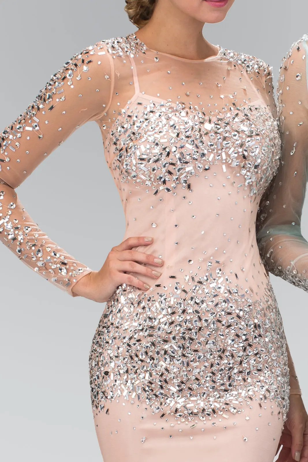 Sheer Long Sleeve Bodycon Short Dress Accented with Jewel and Sequin by Tux-USA