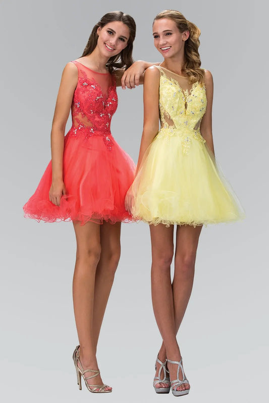 Rolled Hem Short Dress With Sheer Bodice By Tux USA For Glamorous Formal Events by Tux-USA