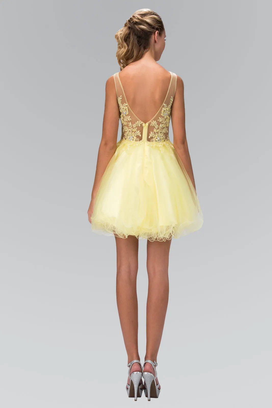 Rolled Hem Short Dress With Sheer Bodice By Tux USA For Glamorous Formal Events by Tux-USA
