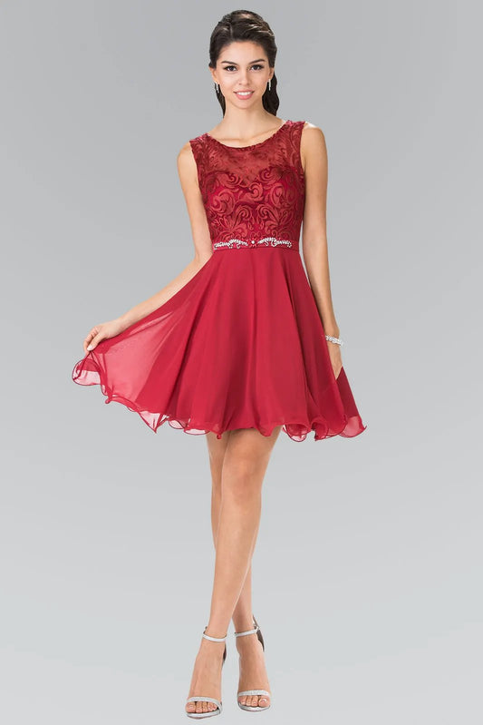 Lace Bodice A-Line Short Dress w/ Jeweled Waist Band by Tux-USA