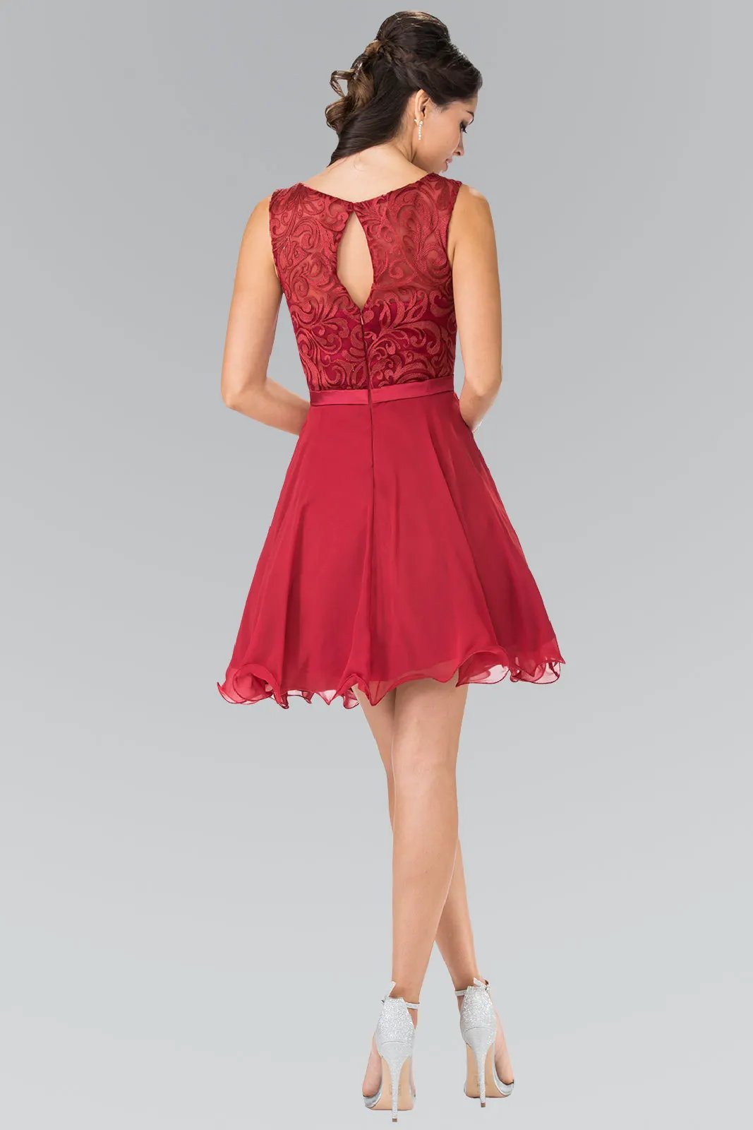 Lace Bodice A-Line Short Dress w/ Jeweled Waist Band by Tux-USA