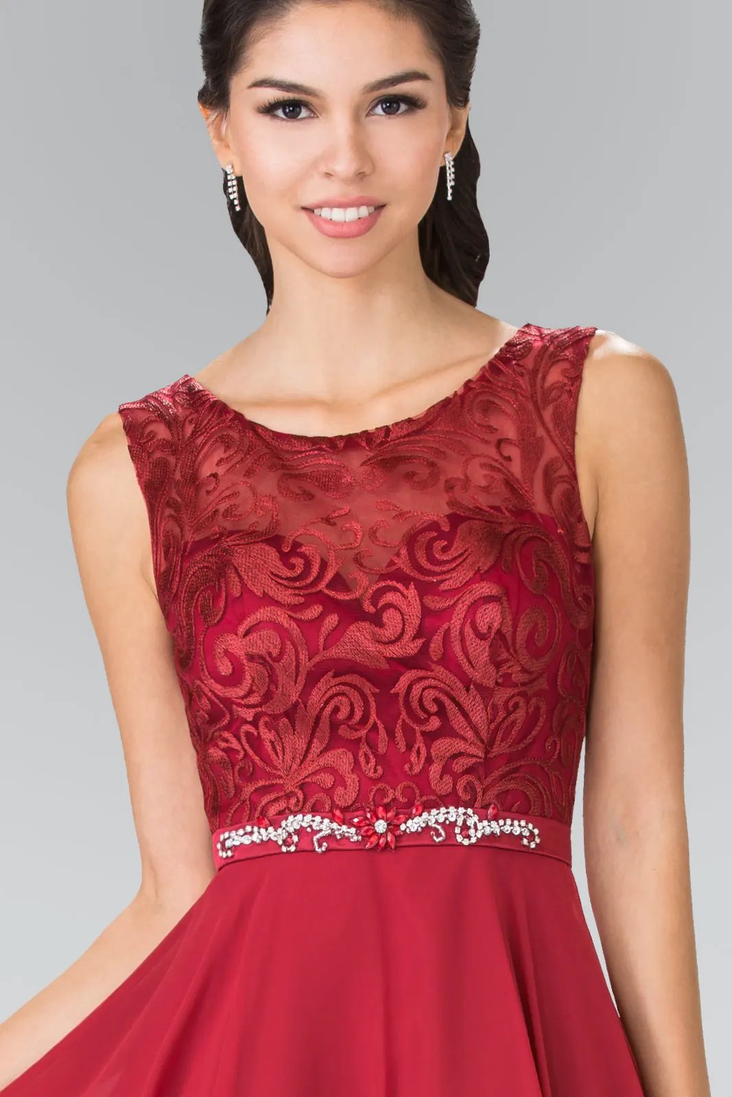 Lace Bodice A-Line Short Dress w/ Jeweled Waist Band by Tux-USA