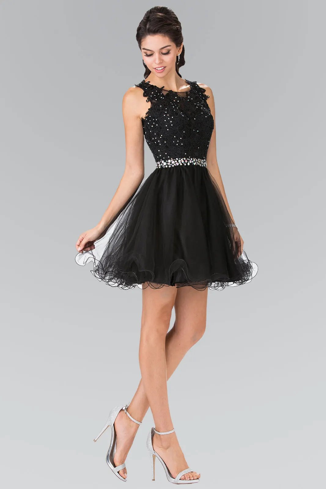 Lace Illusion Top A-line Short Dress with Beaded Waist by Tux-USA