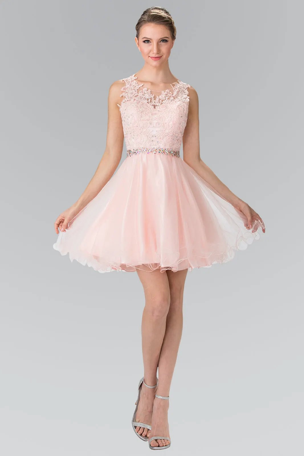 Lace Illusion Top A-line Short Dress with Beaded Waist by Tux-USA