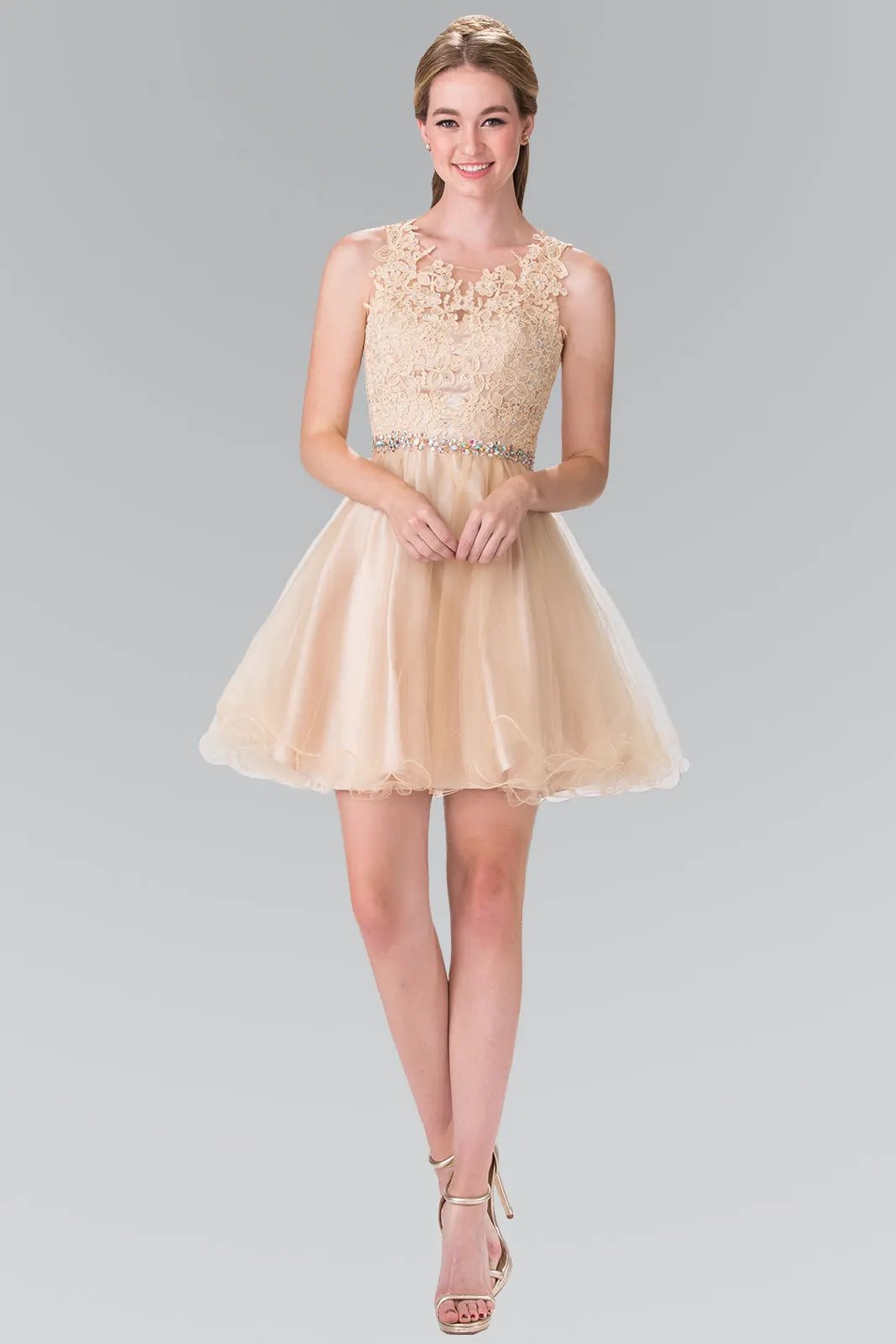 Lace Illusion Top A-line Short Dress with Beaded Waist by Tux-USA