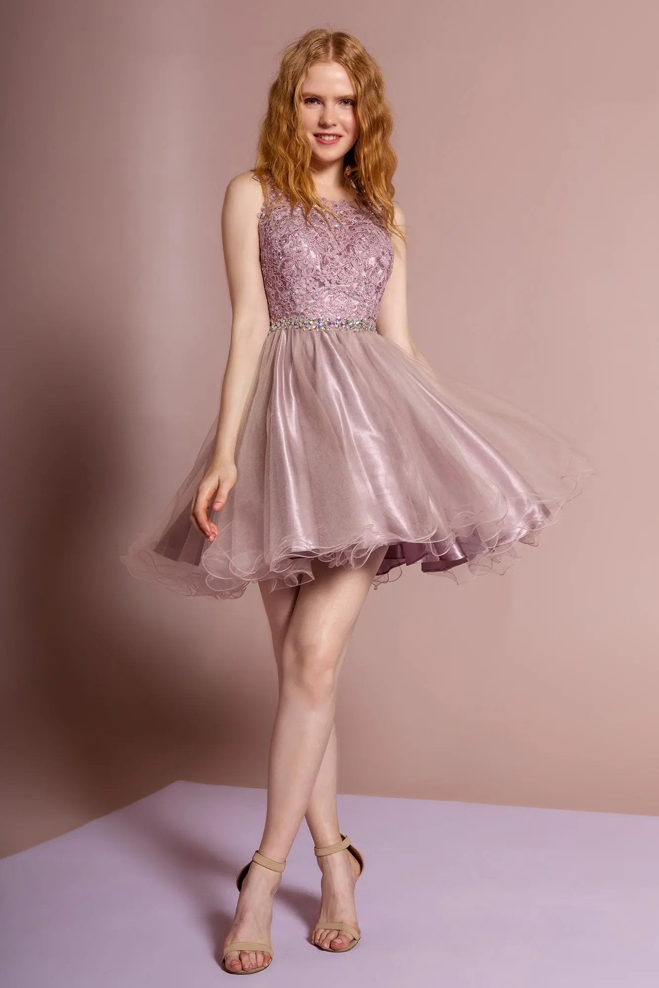 Lace Illusion Top A-line Short Dress with Beaded Waist by Tux-USA