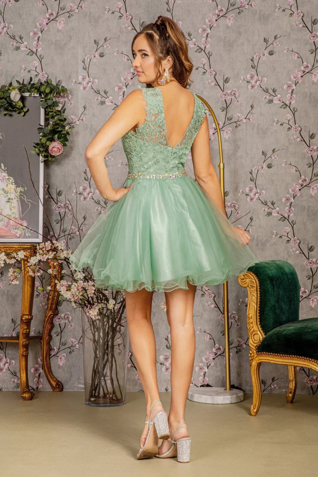 Lace Illusion Top A-line Short Dress with Beaded Waist by Tux-USA