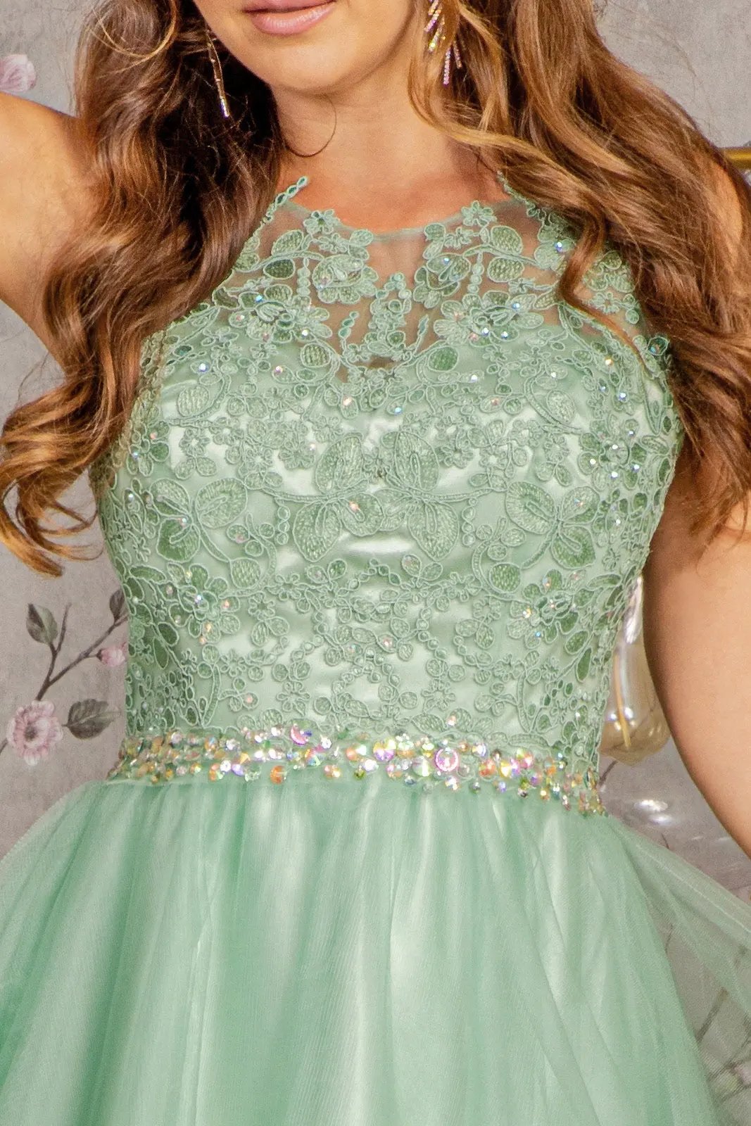 Lace Illusion Top A-line Short Dress with Beaded Waist by Tux-USA
