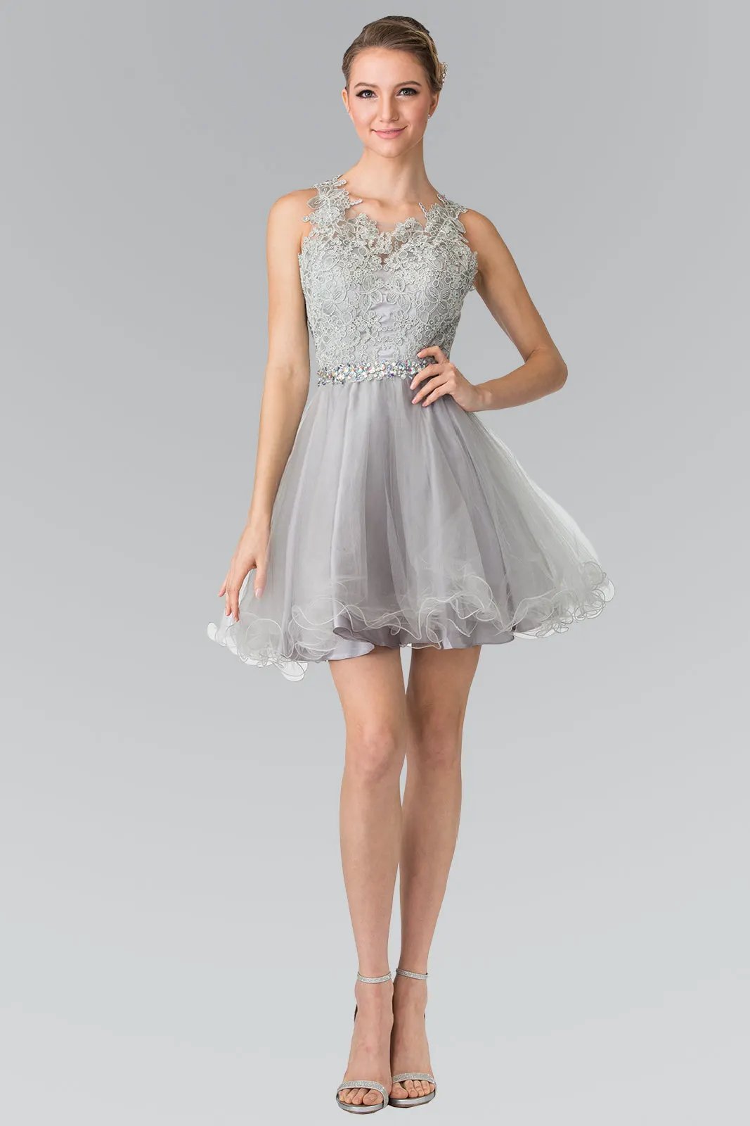 Lace Illusion Top A-line Short Dress with Beaded Waist by Tux-USA