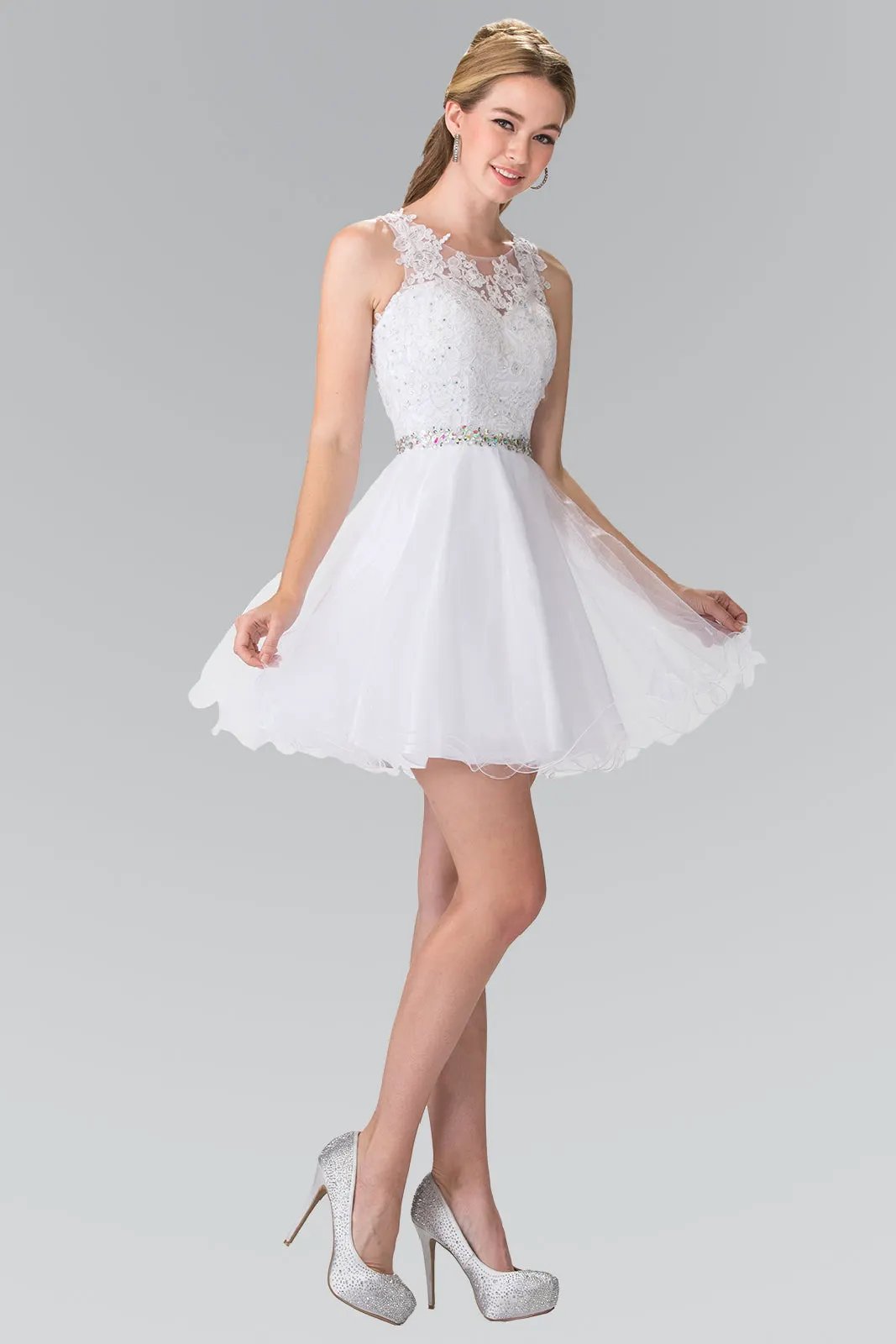 Lace Illusion Top A-line Short Dress with Beaded Waist by Tux-USA