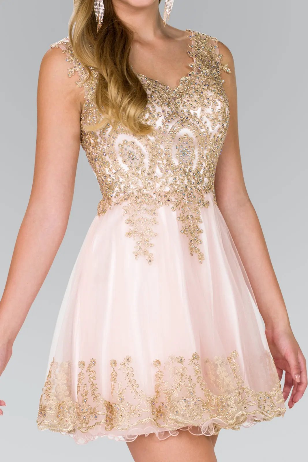 Tulle Short Dress Accented with Gold Lace by Tux-USA