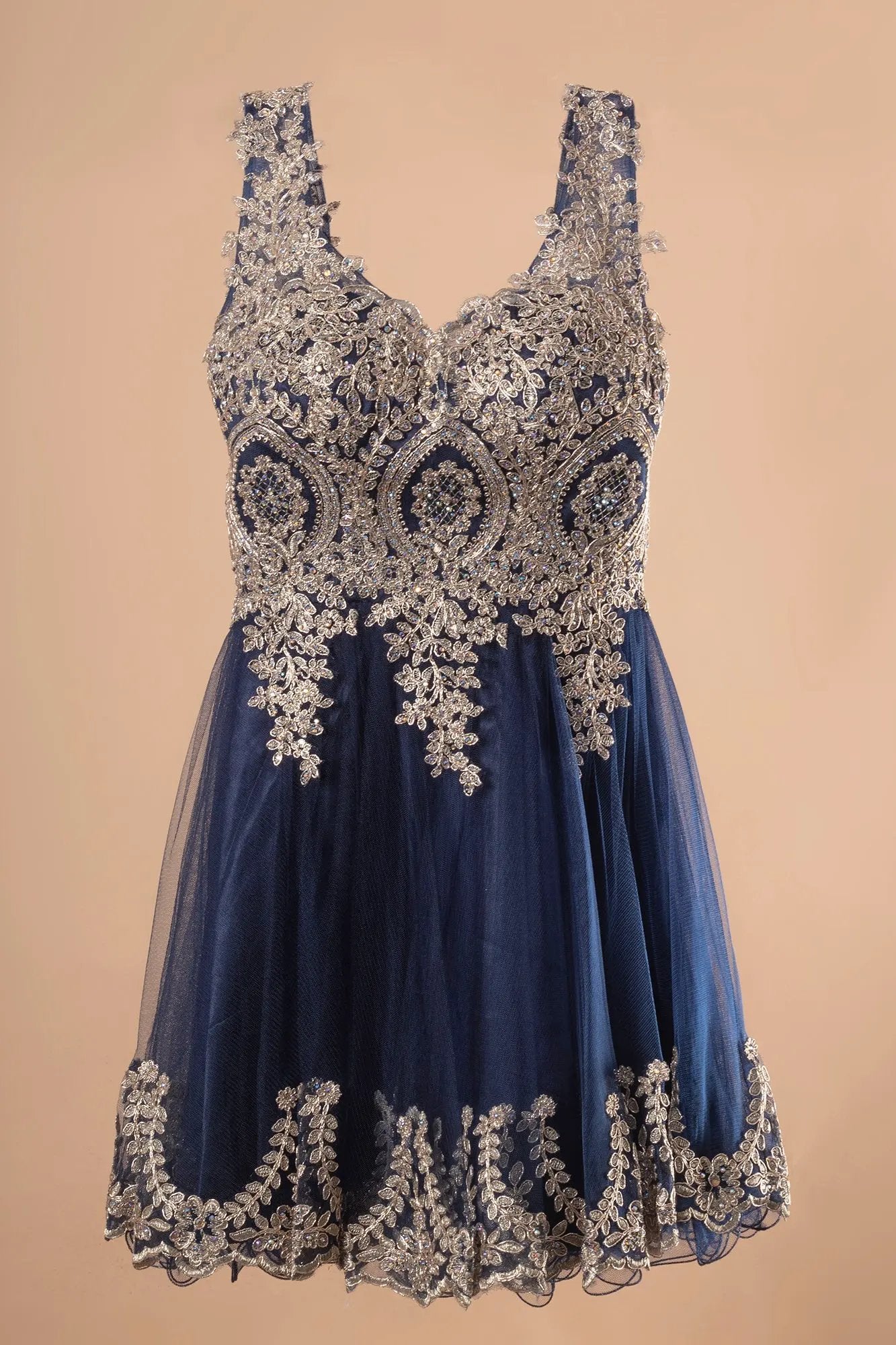 Tulle Short Dress Accented with Gold Lace by Tux-USA