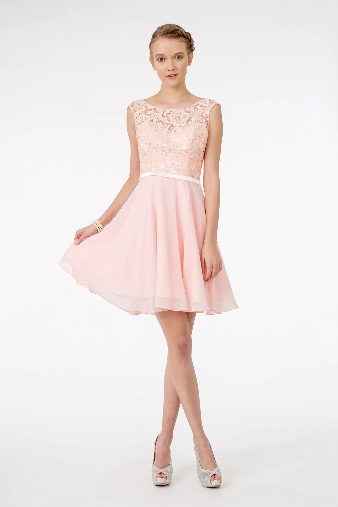 Lace Embellished Bodice Chiffon Short Dress by Tux-USA