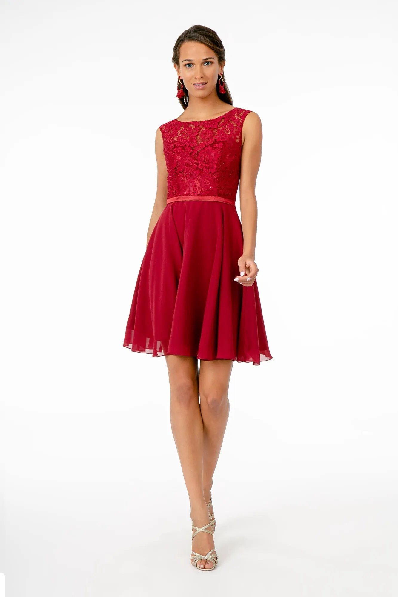 Lace Embellished Bodice Chiffon Short Dress by Tux-USA