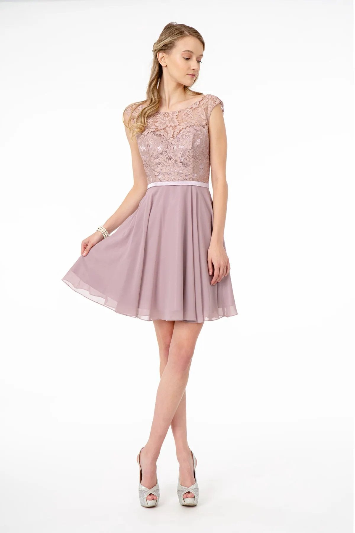 Lace Embellished Bodice Chiffon Short Dress by Tux-USA
