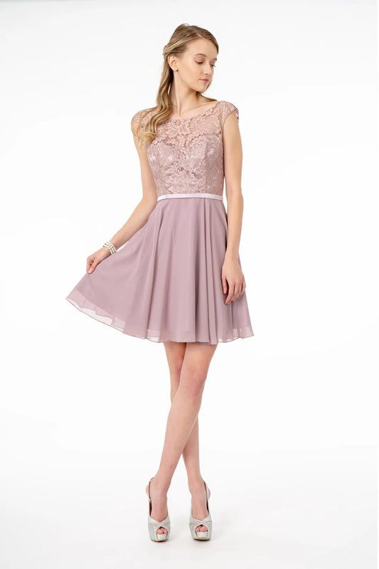 Lace Embellished Bodice Chiffon Short Dress by Tux-USA