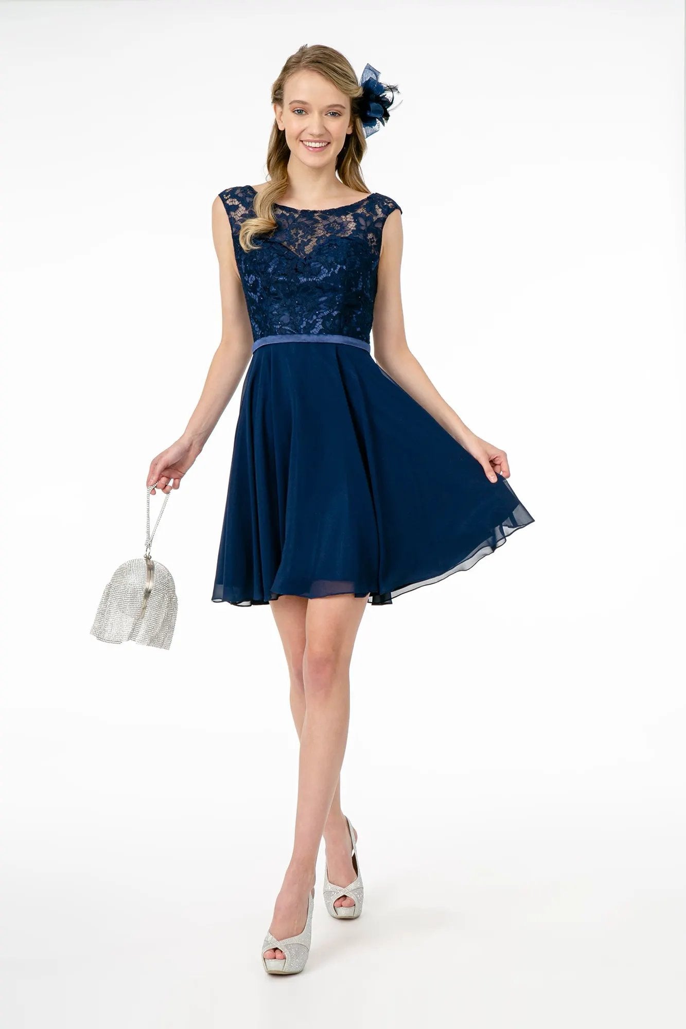 Lace Embellished Bodice Chiffon Short Dress by Tux-USA